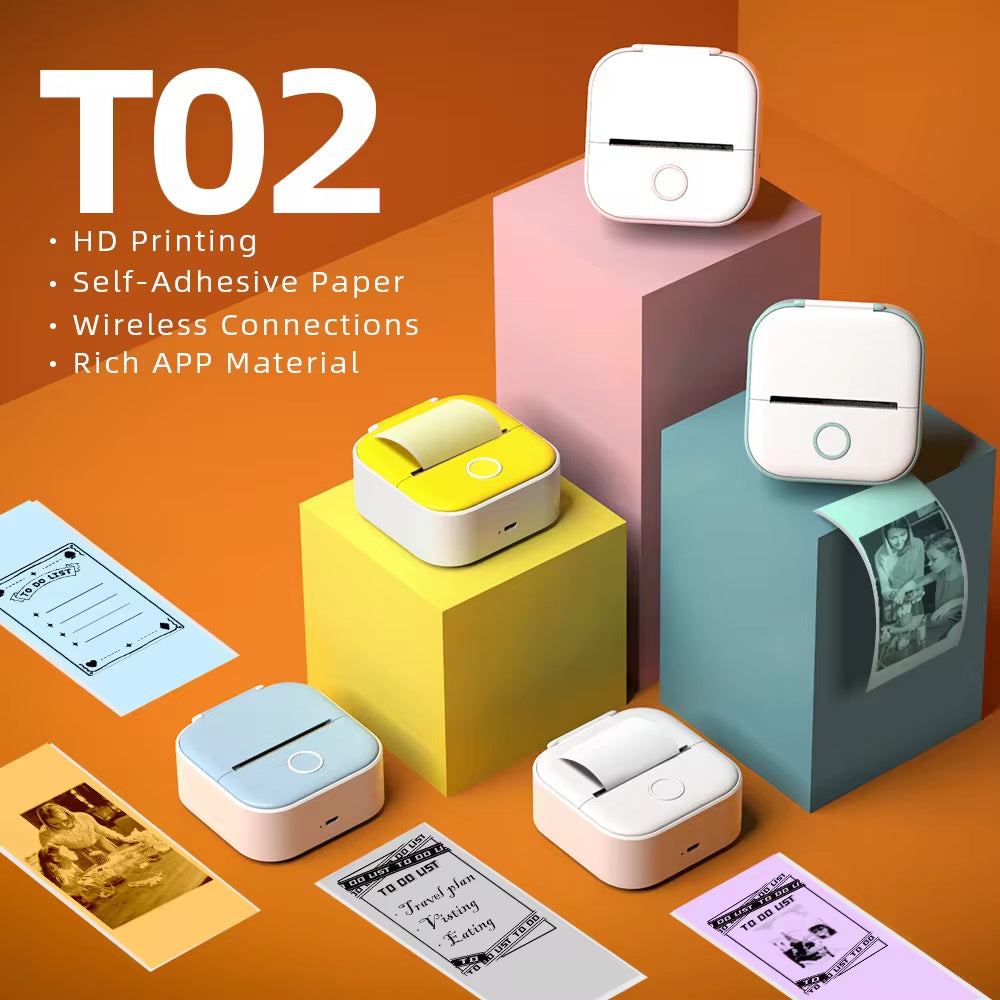 T02 Mini Printer Portable Printer Thermal Printing Sticker Wireless Inkless Pocket Printer Self-Adhesive Label Printer